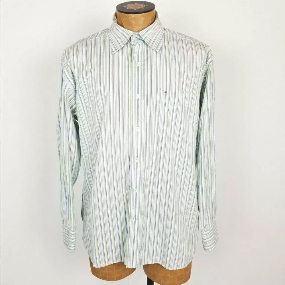 Tommy Hilfiger Large Blue Green White Striped Button Down Dress Shirt